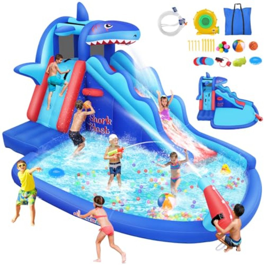 야외/실내용 어린이용(3~12세) 상어 테마 파란색과  - Kids Outdoor Water Slide 리뷰 및 가격